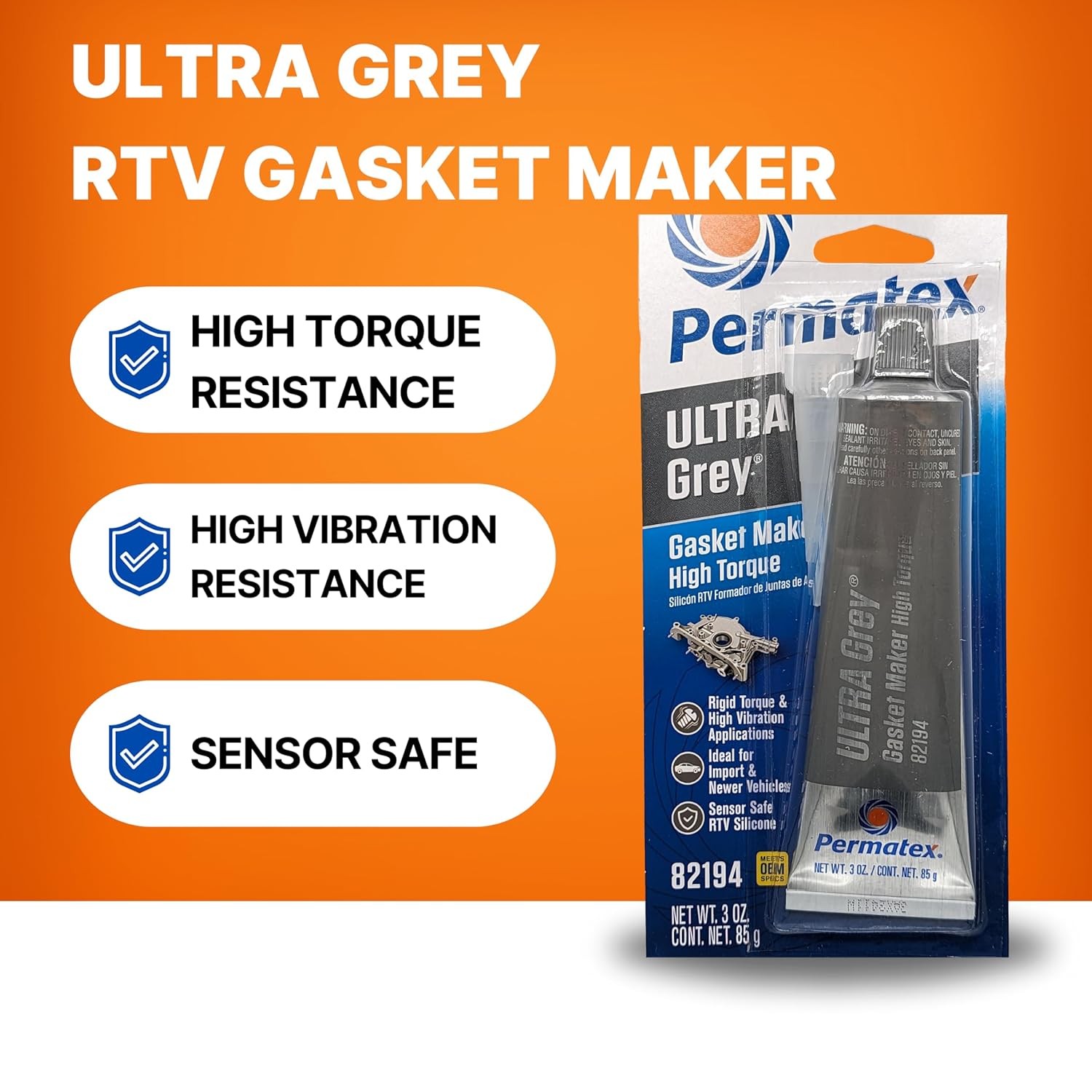 Permatex Ultra Grey Rigid High-Torque RTV Silicone Gasket Maker, Sensor Safe 3oz