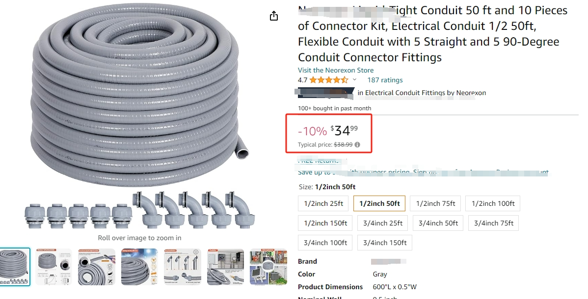 1/2" 50ft Electrical Conduit Kit - Flexible Non-Metallic Liquid-Tight Conduit
