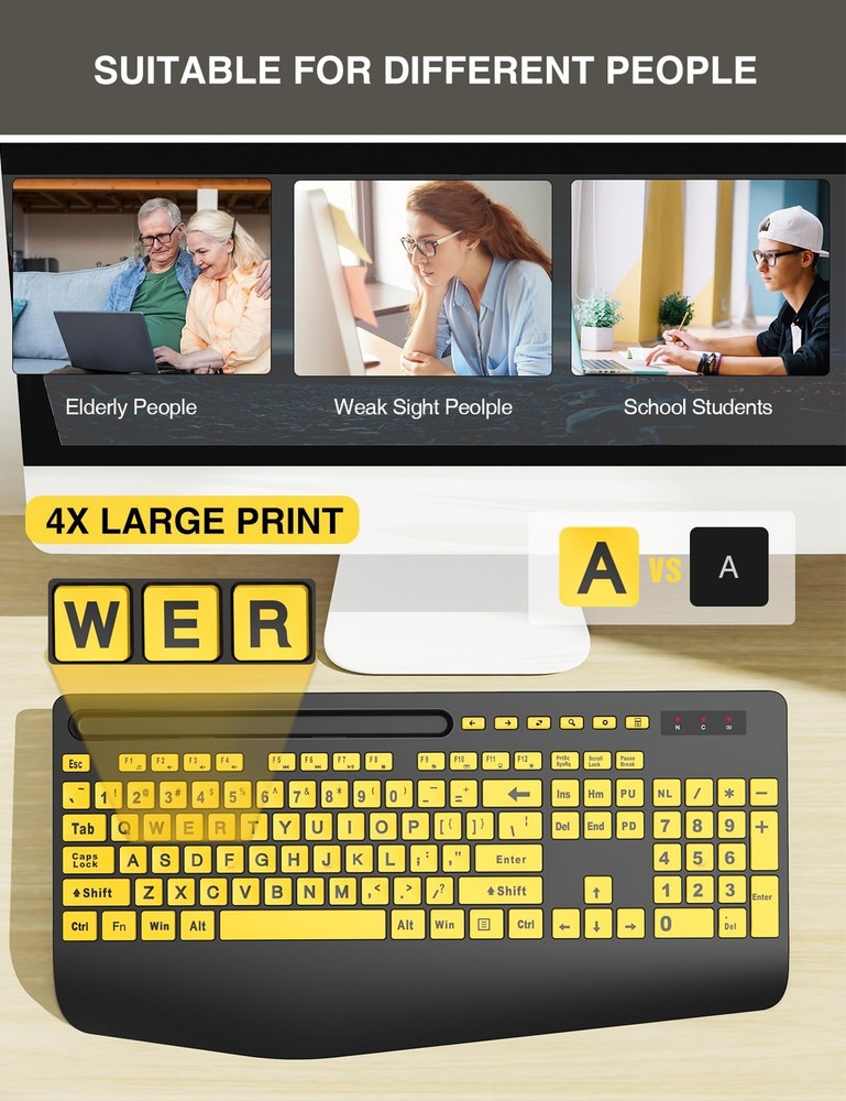 Wireless Keyboard and Mouse Combo - Large Print Ergonomic Keyboard with Wrist
