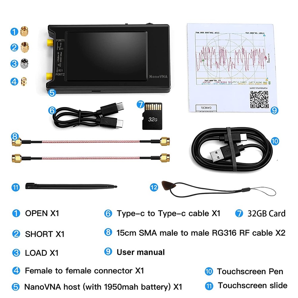 4" Vector Network Analyzer 10k-1.5GHz HF VHF UHF Antenna Analyzer 1950mAh + 32GB