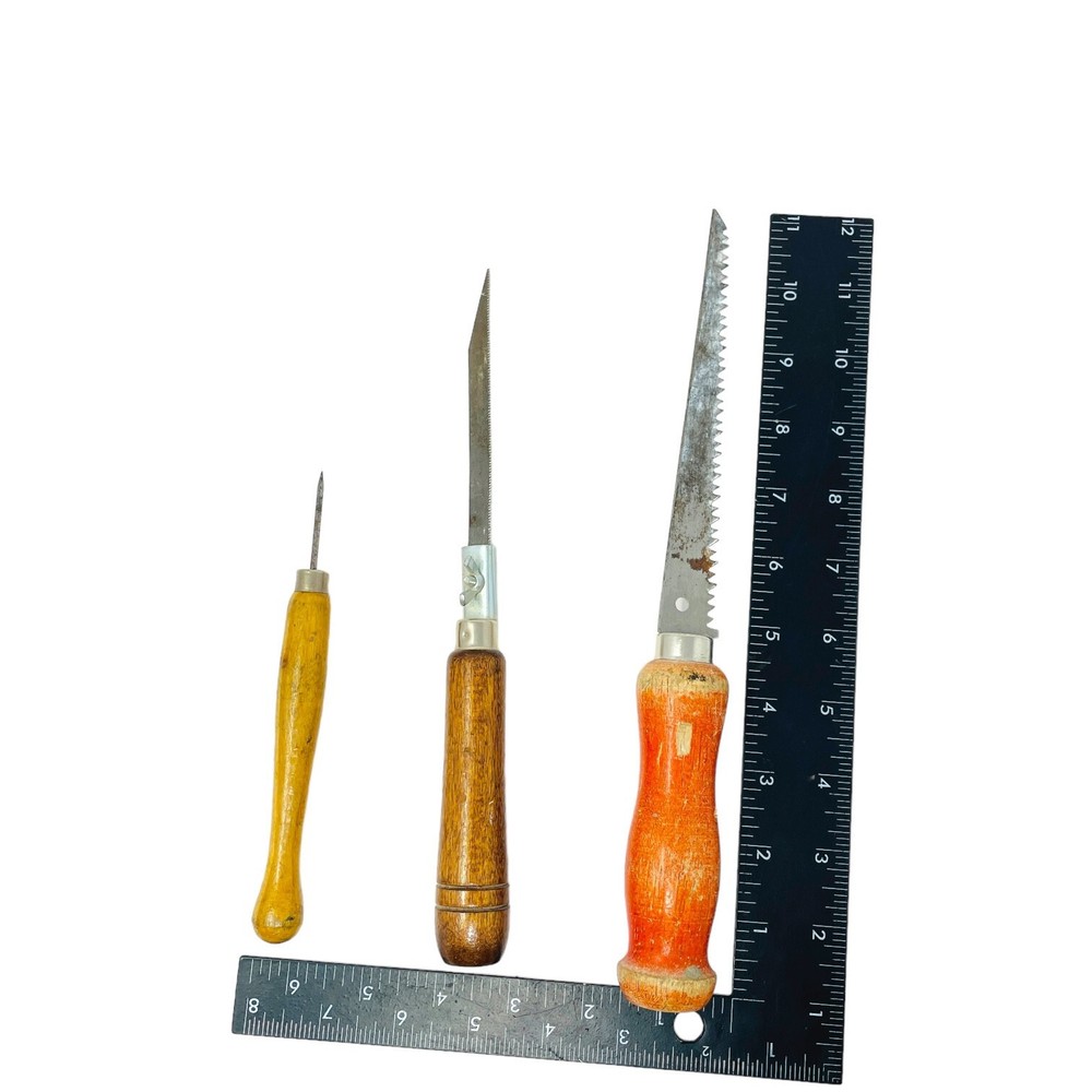 Vintage Antique Tools Hand Saws Wood Handle and Etching Needle, 3 Pcs
