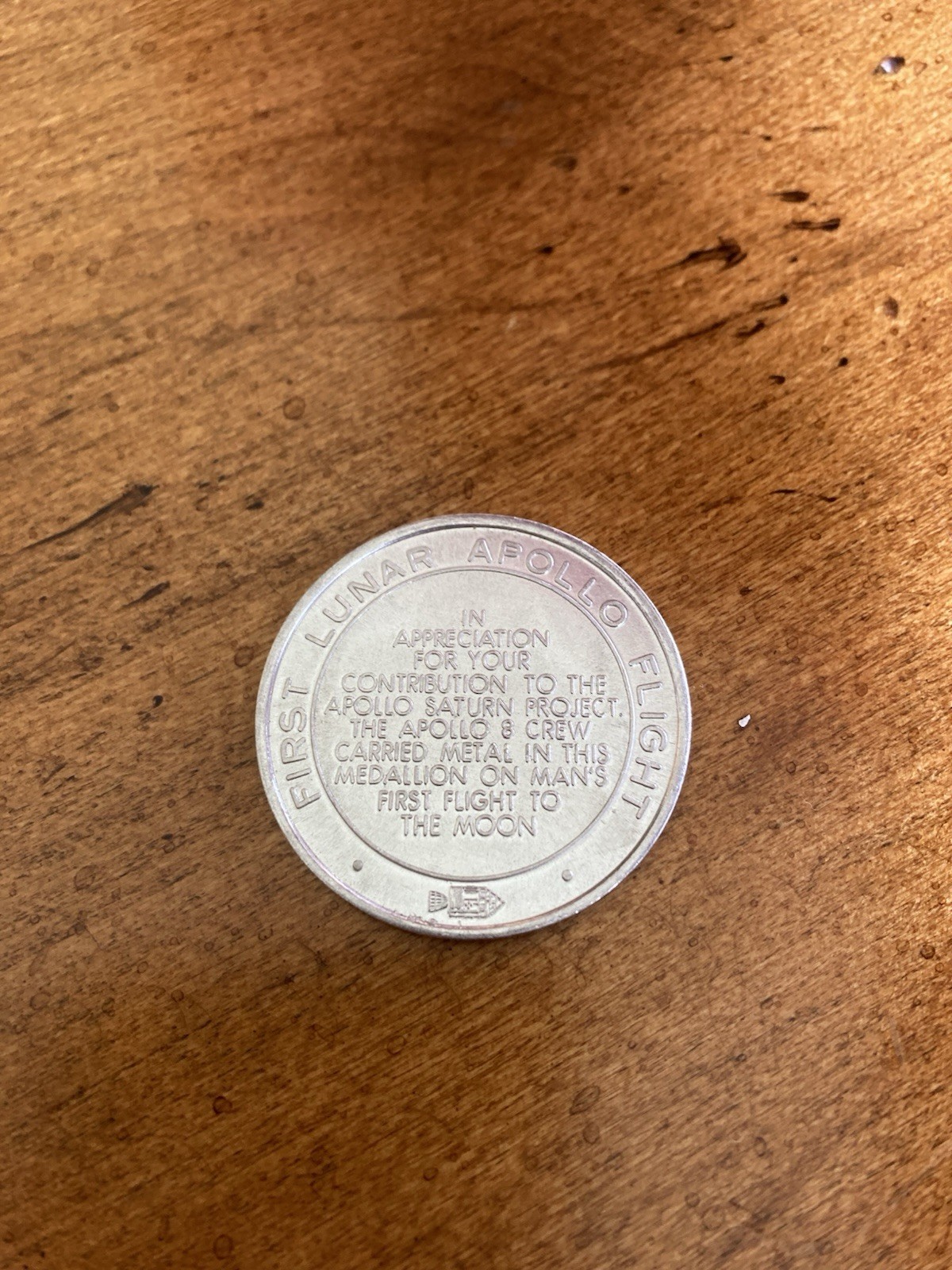 NASA Vintage Apollo 8 Medallion Coin, Flown Metal 1968