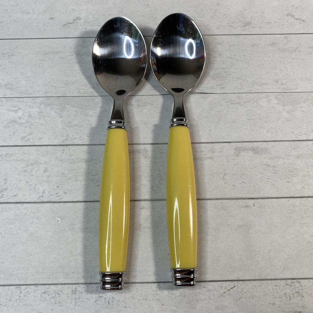 Pfaltzgraff Stainless Flatware Yellow Plastic Handle 2 Teaspoons