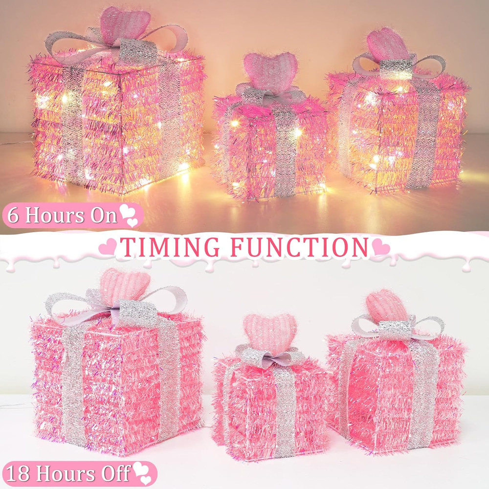 Timer & 8 Mode 3 Pack Pink Valentines Decorations Valentines Lighted Gift Boxes