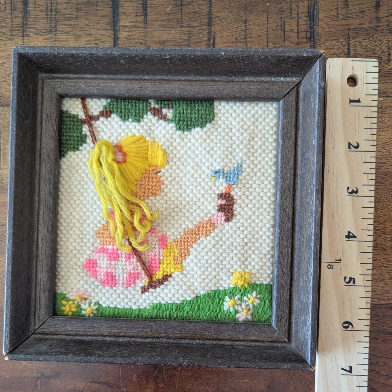 Vtg 70s Needlepoint Yarn Art Framed Set of 2 Little Girl Meadow Retro Nursey