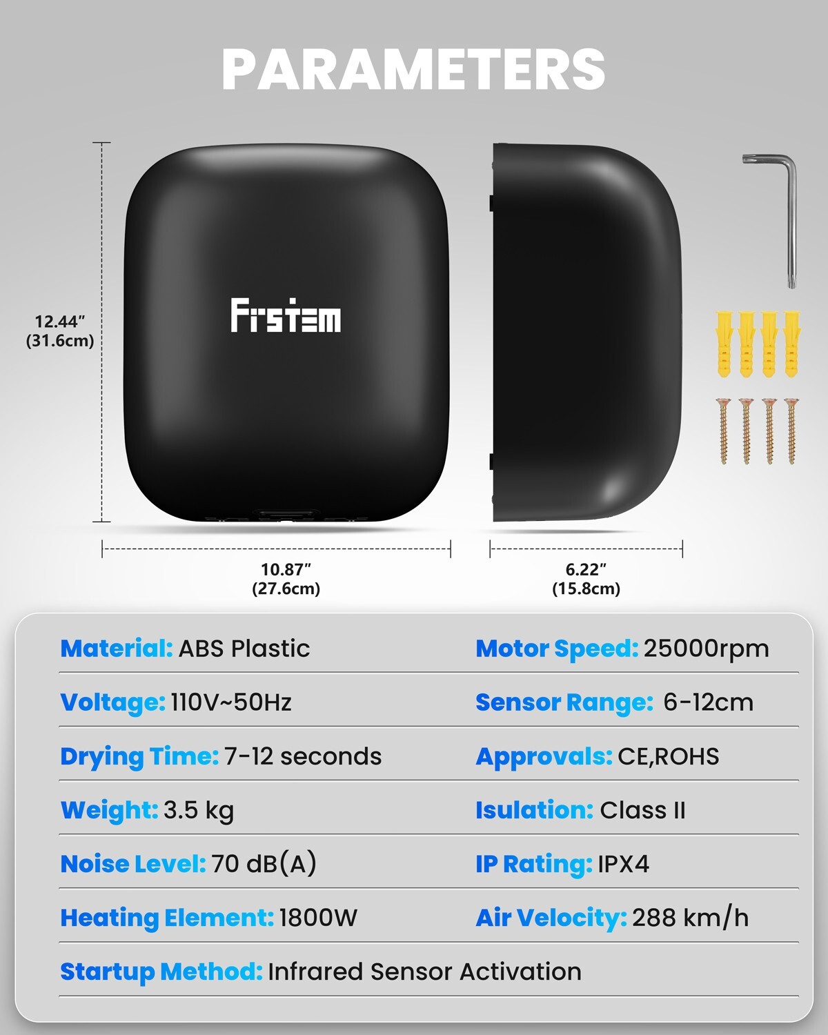 Commercial Hand Dryers, 1800W Automatic High Speed Hand Dryer Black