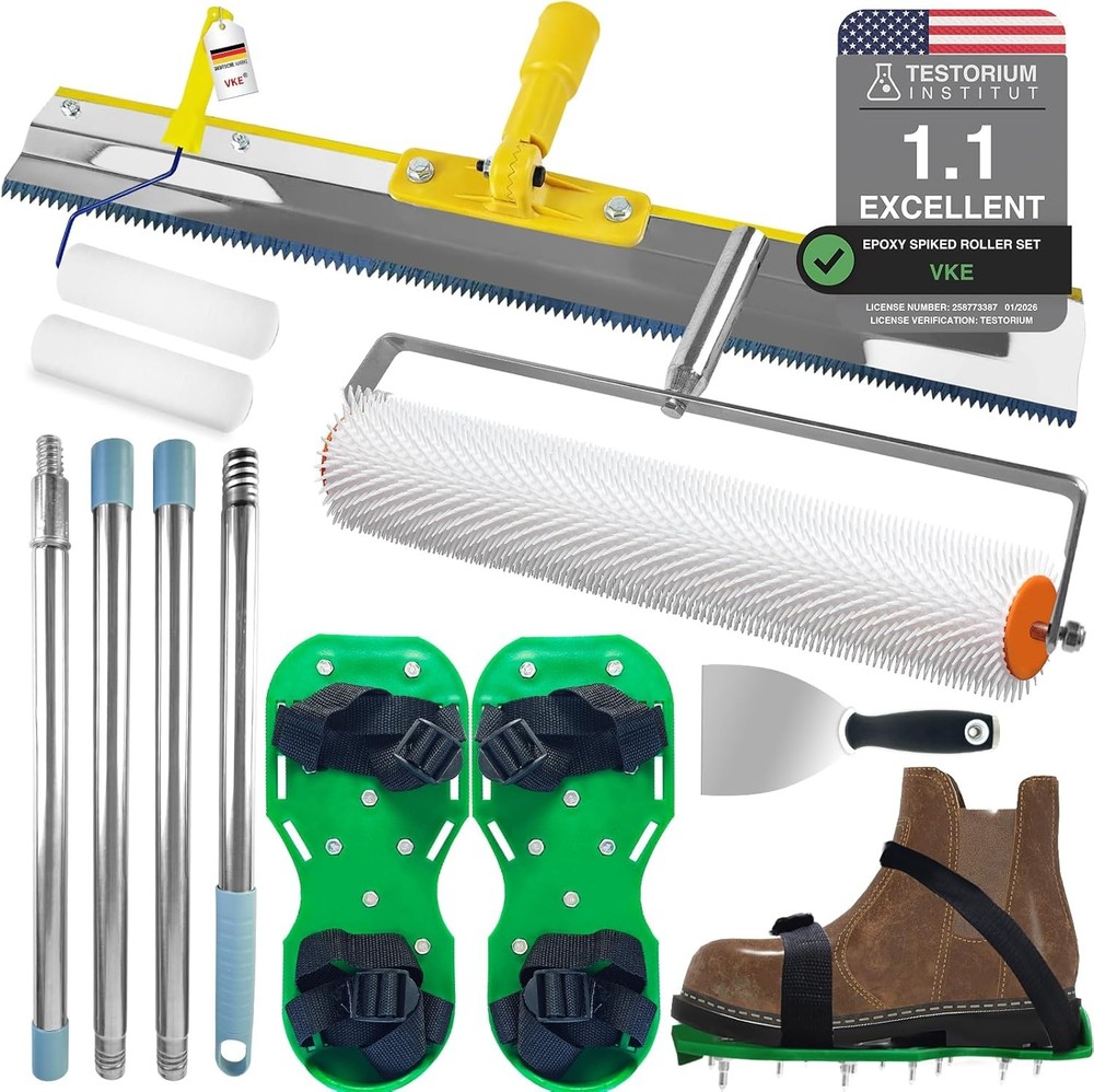 Self Leveling Concrete Tools, Stainless Steel Epoxy Squeegee, Spiked Roller for