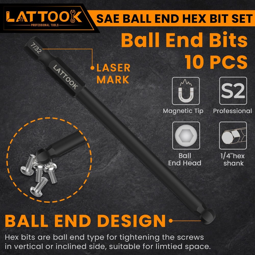 Ball End Hex Head Allen Wrench Drill Bit Set, LATTOOK 10pcs Bits