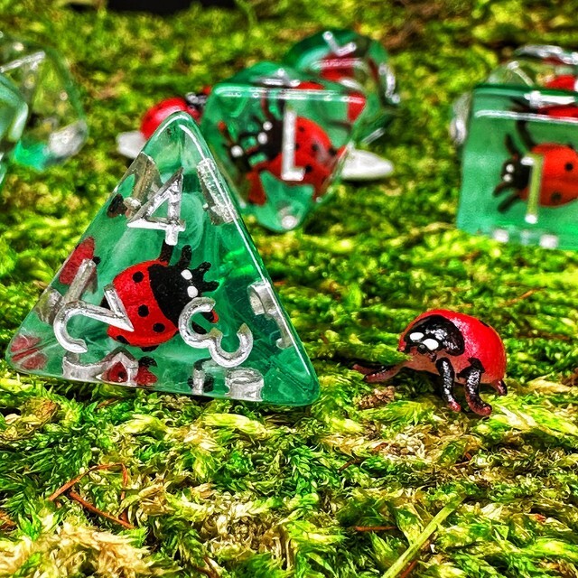 Sage's Red Ladybug Familiar Resin Polyhedral Dice Set