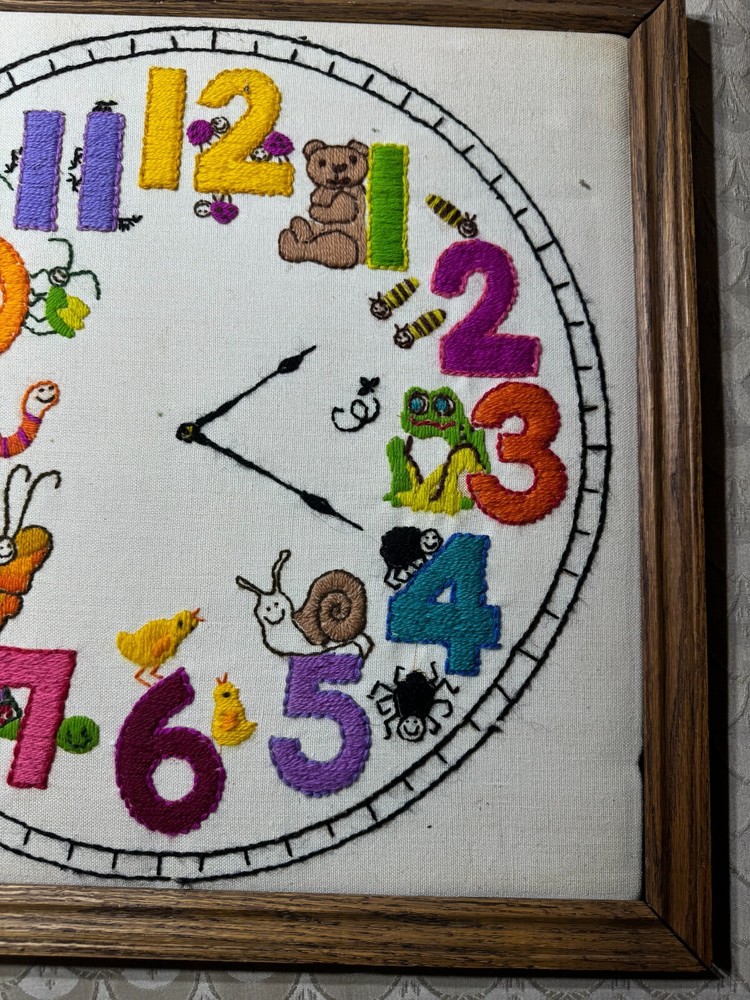 Vintage Needlepoint "A Toy-Themed Wall Clock Scene" - Framed