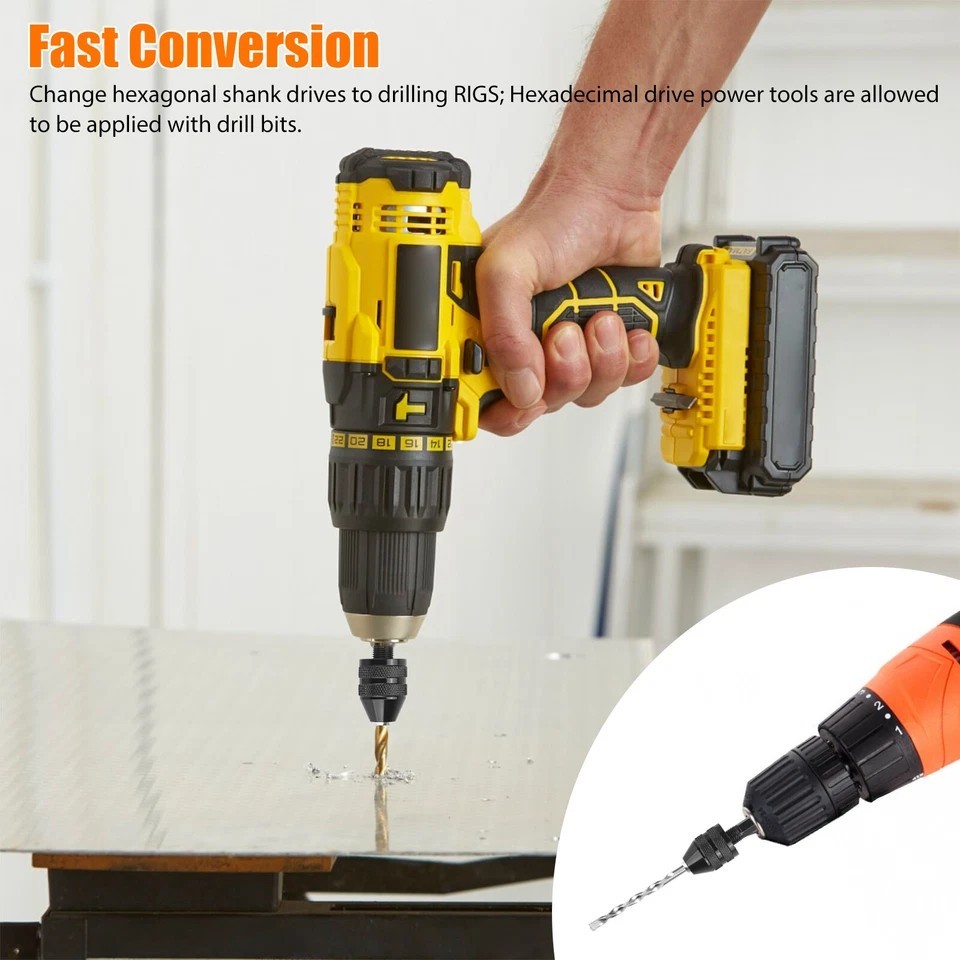 2x 1/4" Hex Shank Keyless Drill Chuck Conversion Adapter Bit Quick Change Driver
