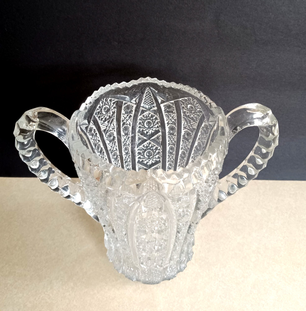Antique EAPG Pressed Glass Double Handle Sugar Bowl Spooner Star Pattern