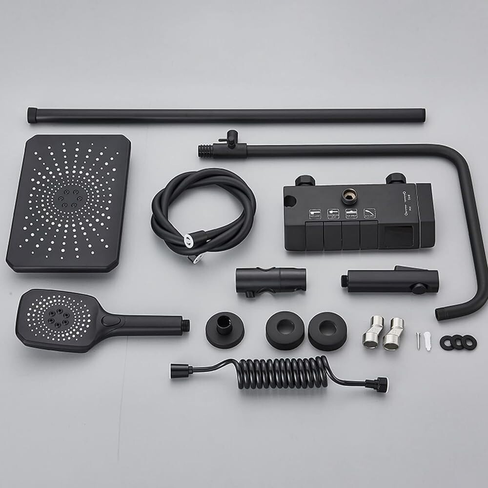 Black Bathroom Shower System w/ Digital Display Exposed Rainfall Shower Fixture