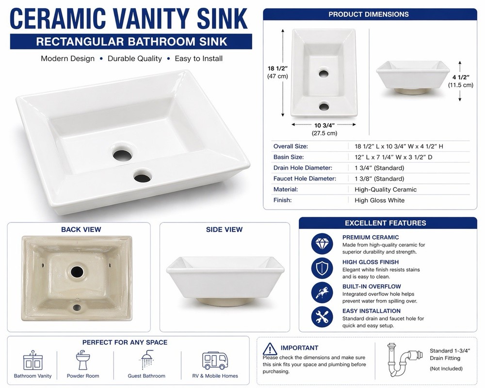Rectangular Ceramic Vanity Sink White Bathroom Drop-In Basin w/ Faucet Hole