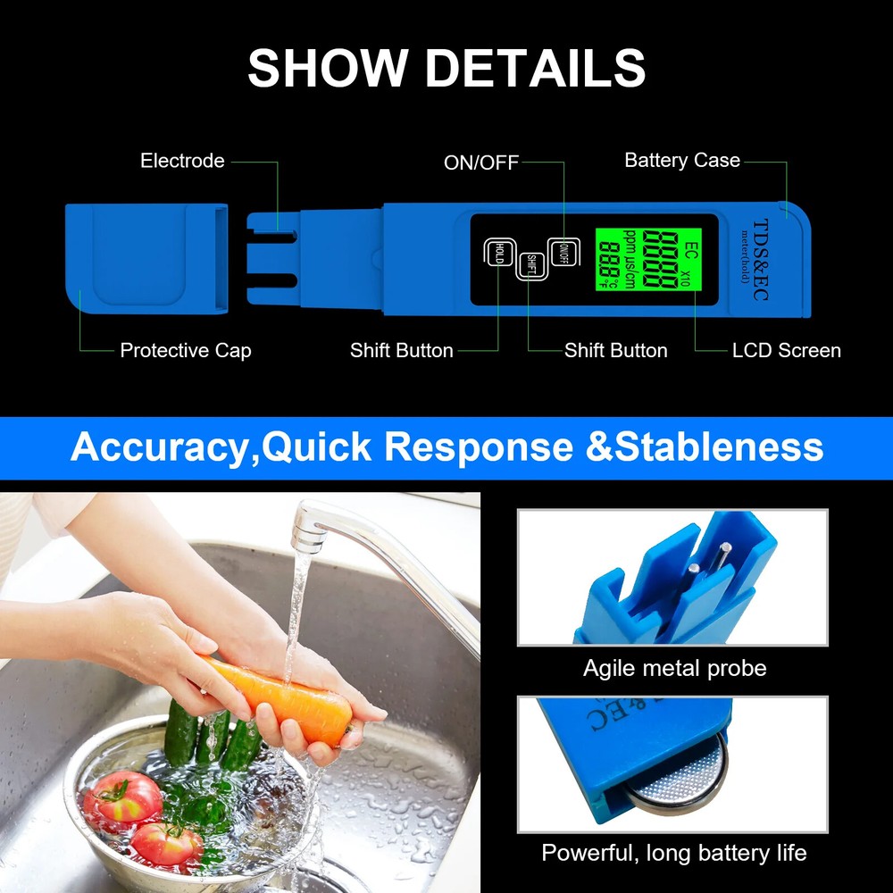 2PC TDS Meter Digital Tester Water Quality Testing Kits Drinking Water 0-9990ppm