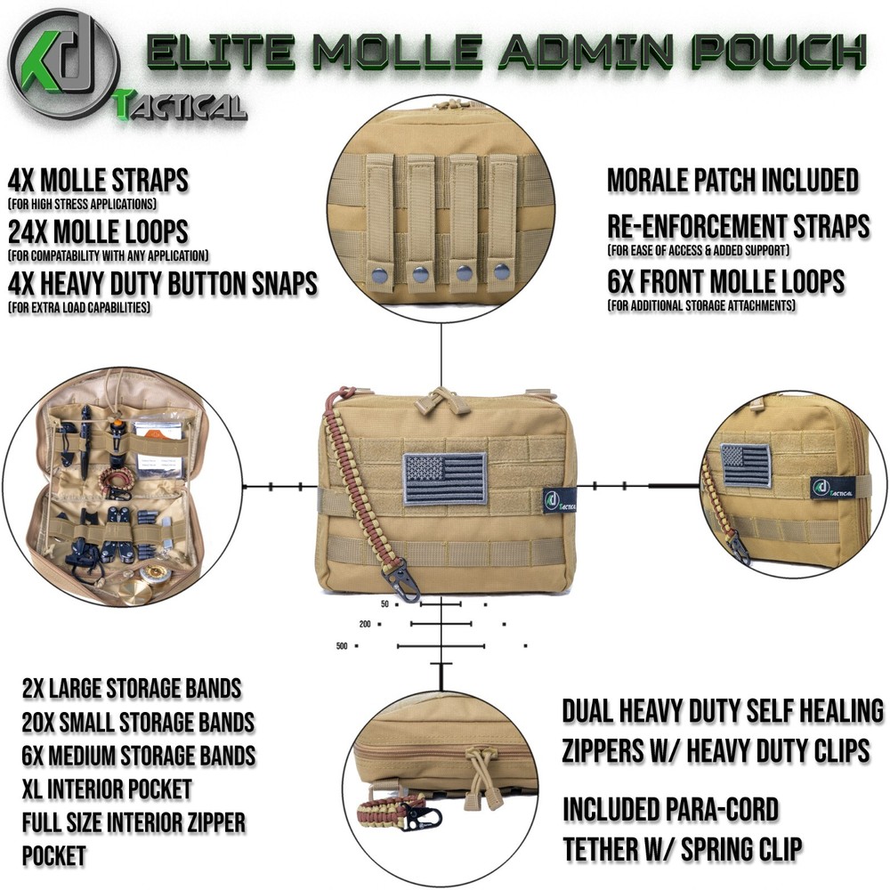 Large Tactical Molle Admin Pouch with Morale Patch and Paracord Tether Super HD