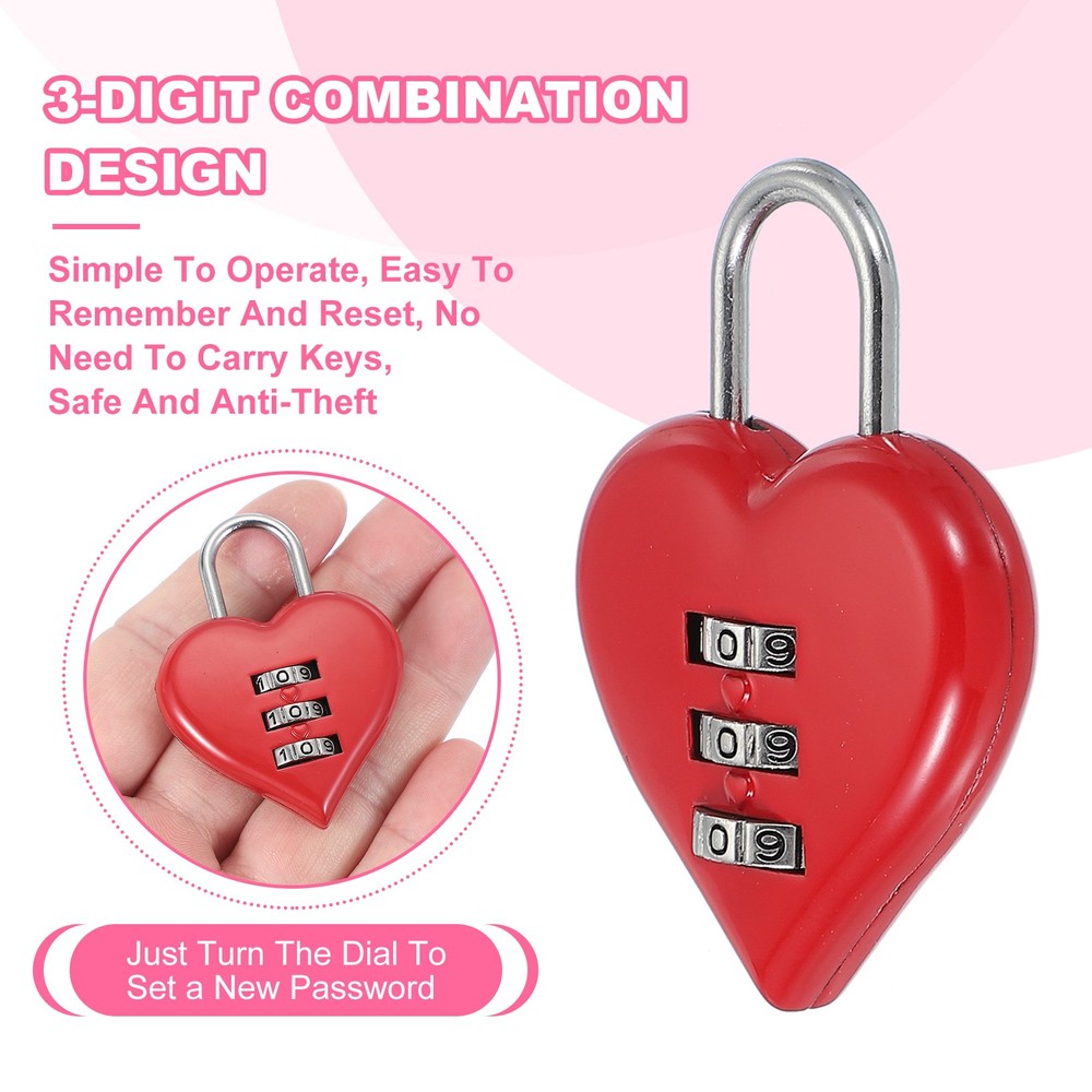 2 Pack Combination Locks Heart Shape Password Padlock Love Locker Lock Red