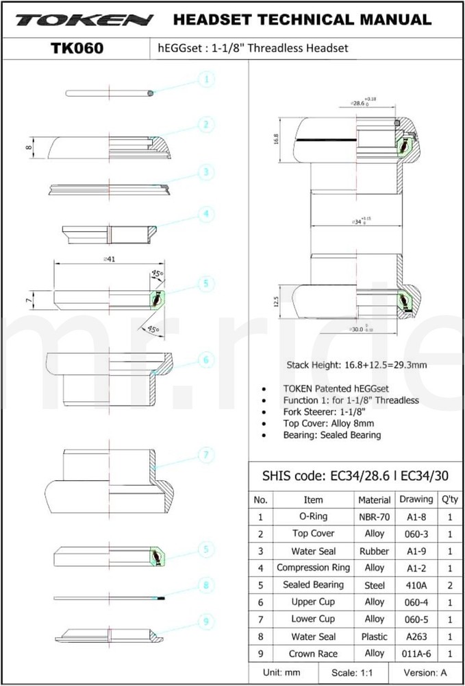 Head set TOKEN "Heggset" TK 060 for 1 1/8" integrated + threadless Black