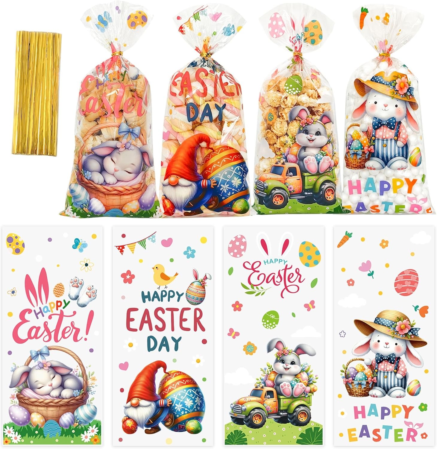 50 Pcs Easter Cellophane Treat Bags: Clear Easter Cellophane Goodie Bags with 60