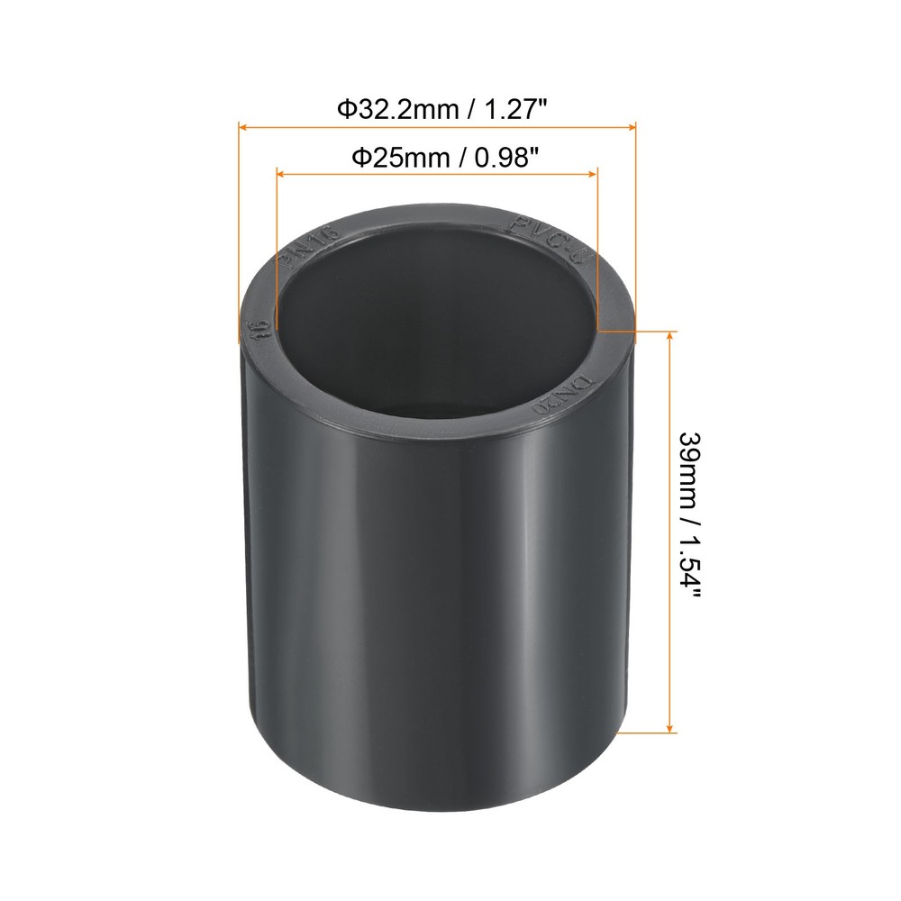 UPVC Pipe Fitting 25mm Socket, 2 Pack Straight Coupling, Dark Grey