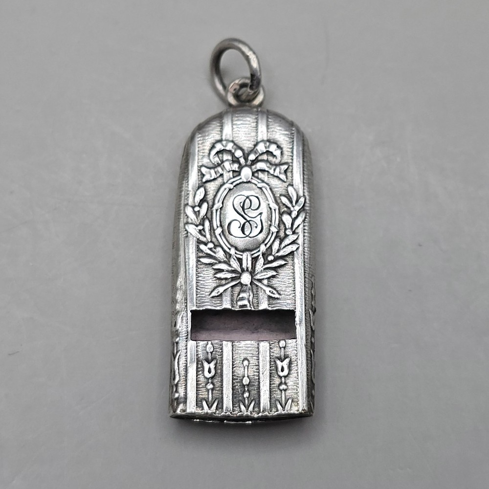 Antique Solid Silver Repousse Whistle Pendant Monogram Floral Design