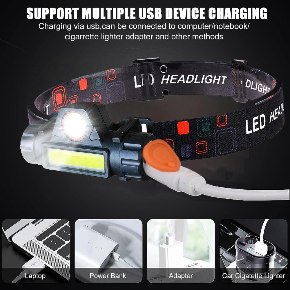 USB Rechargeable Forehead Head Light LED Rotation Waterproof Headlamp Flashlight