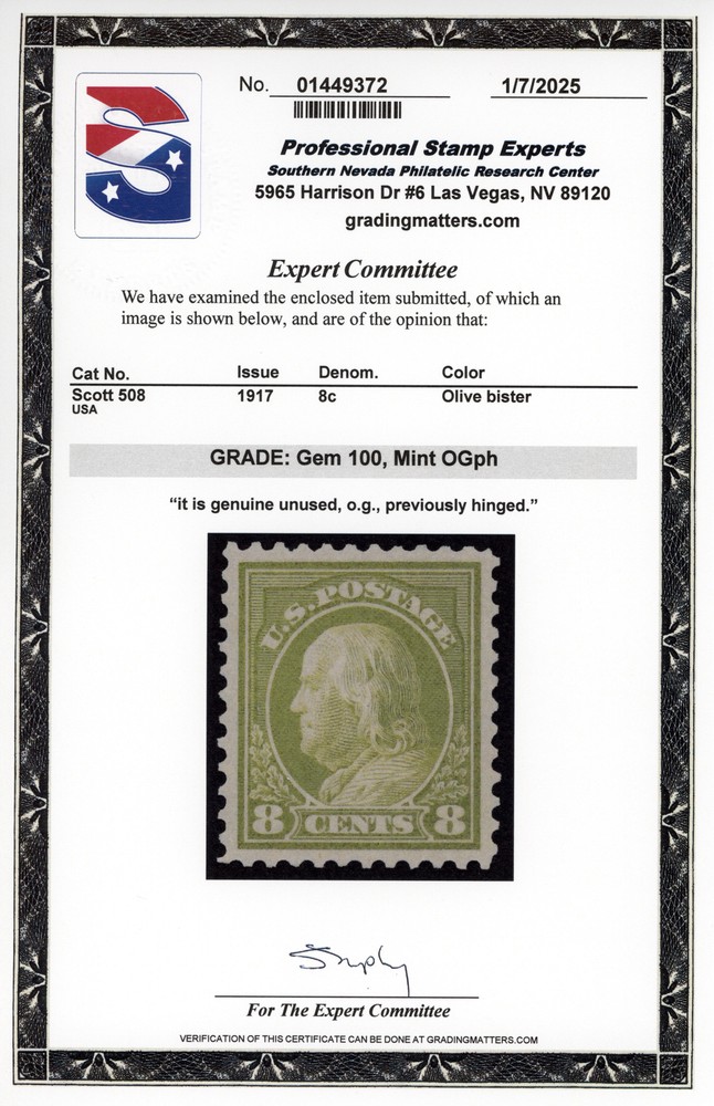 US #508 | Unused OG | Gem | PSE Cert