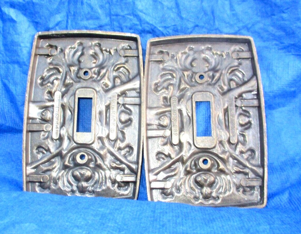 2 Black/Brass Toned embossed Single Switch Plate Covers HALL & MACK GC