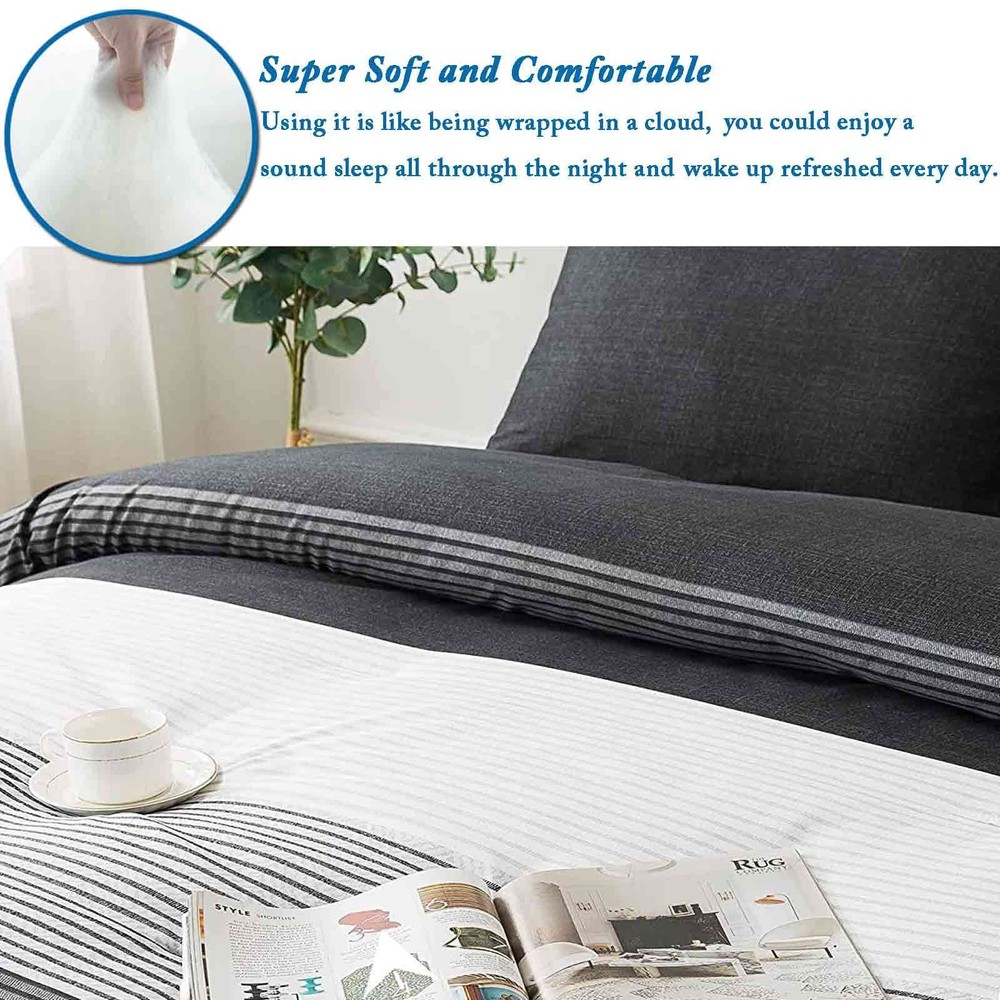 Faincy King Comforter Set, Grey & Black Patchwork Stripe Pattern Print Reversibl