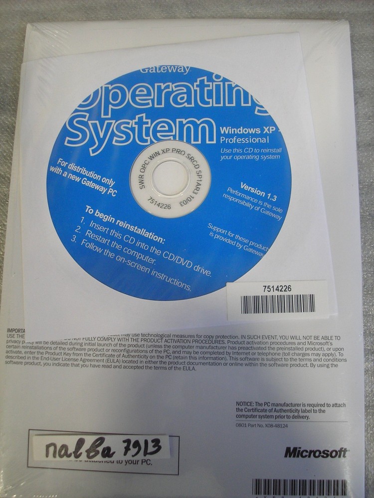 Microsoft Windows XP Professional Service Pack 1 - Version 1.3 - Gateway CD 2002
