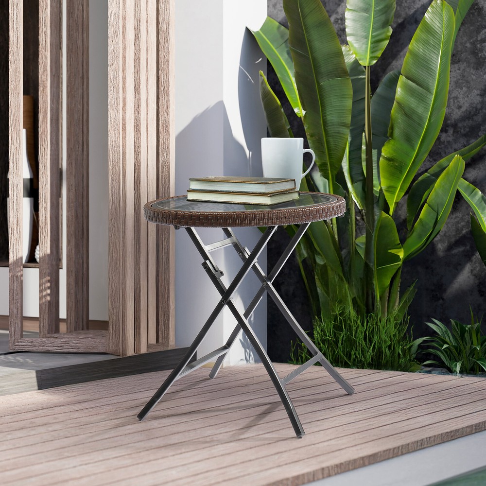 Round Rattan Side Table Foldable Wicker Table with Tempered Glass Table Top
