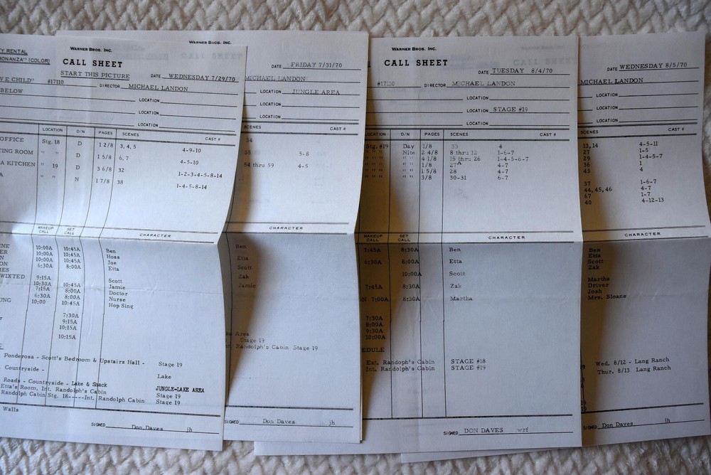 1970 Bonanza "The Love Child" Original First Draft Screenplay Script+Call Sheets