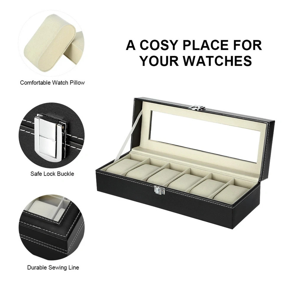 6 Slots Watch Box PU Leather Watch Case Jewelry Storage Watch Display Case Gift