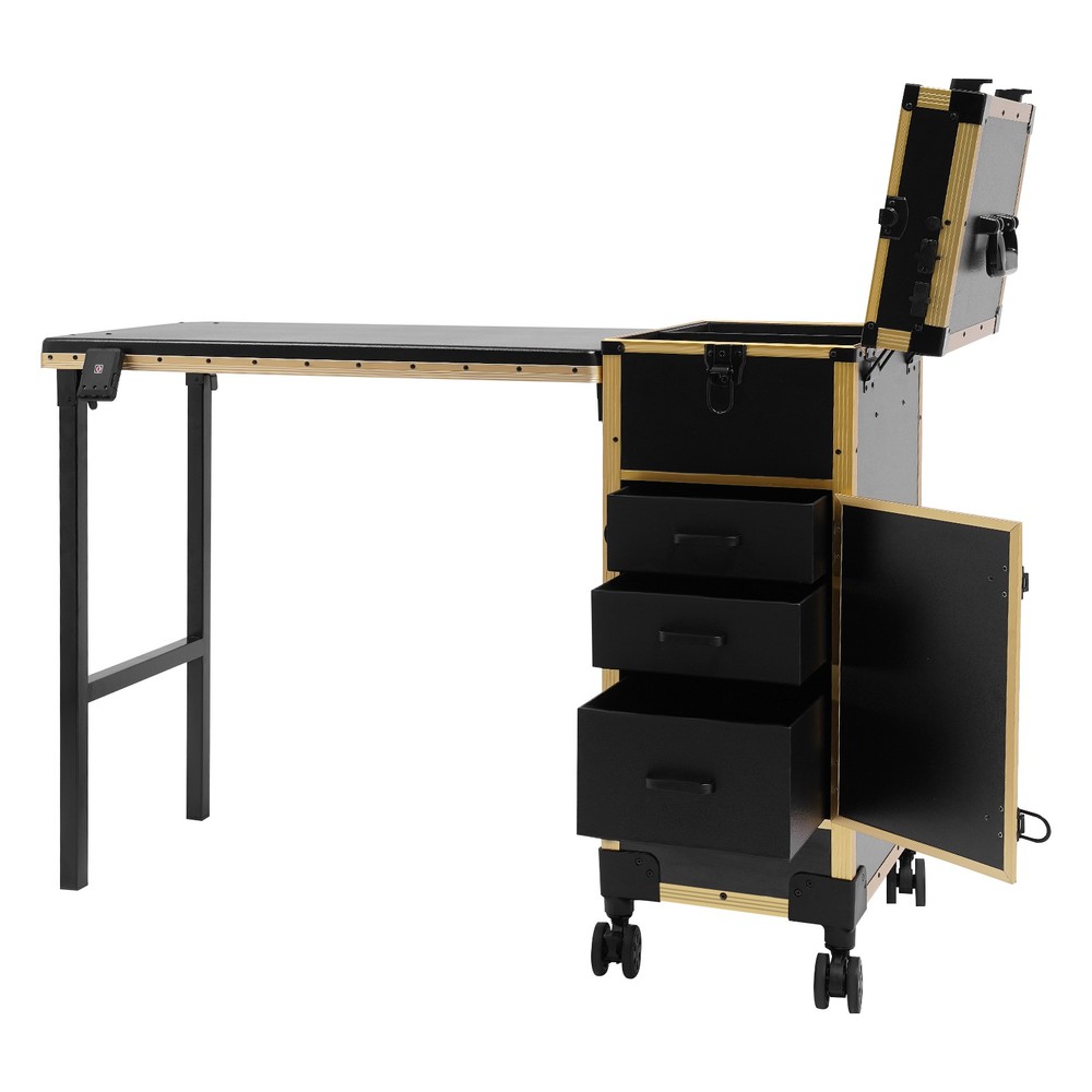 Rolling Makeup Case with Mirror Light Bluetooth Speaker Black Gold Trim Lockable