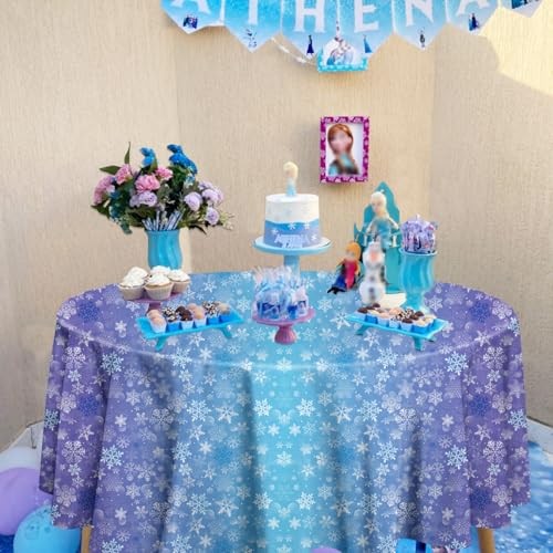3 Pack Snowflake Tablecloths for Round Table, 84x84'' Blue Purple Plastic