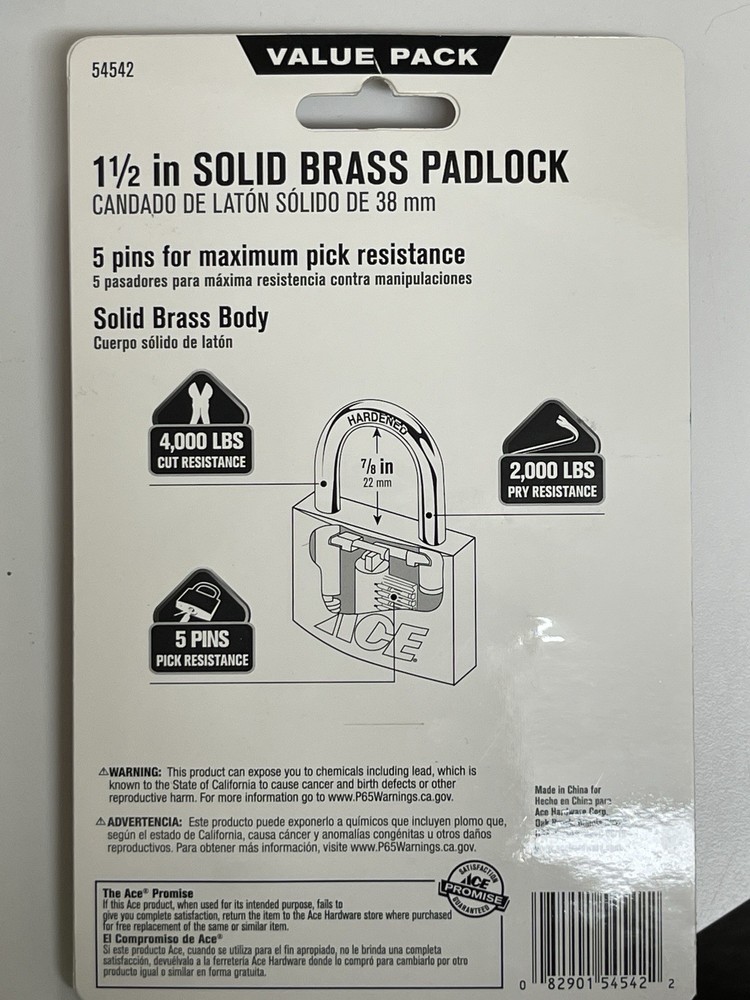 Ace 54542 Padlock Solid Brass Body