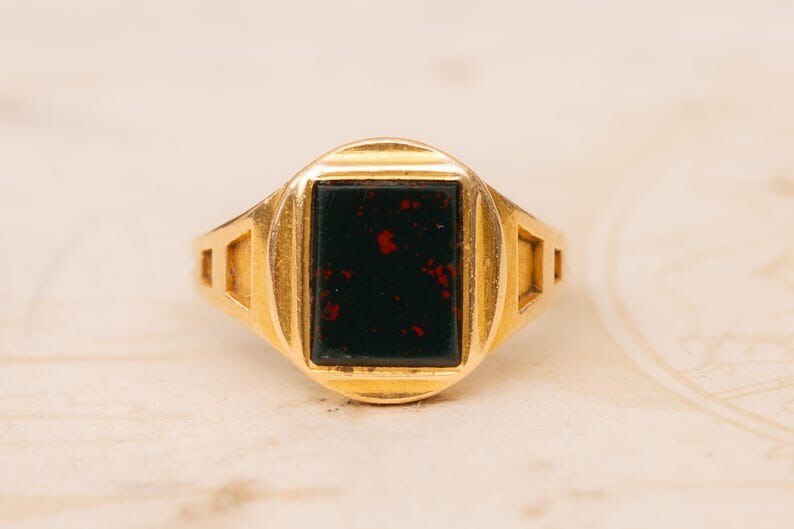 Vintage Bloodstone Signet Ring – Rectangular Gemstone Gold Plated Men's Ring