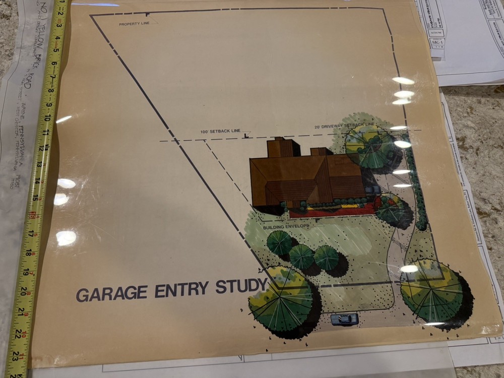 Architectural Garage Entry Study Rendering Hand Colored Site Plan 24x30