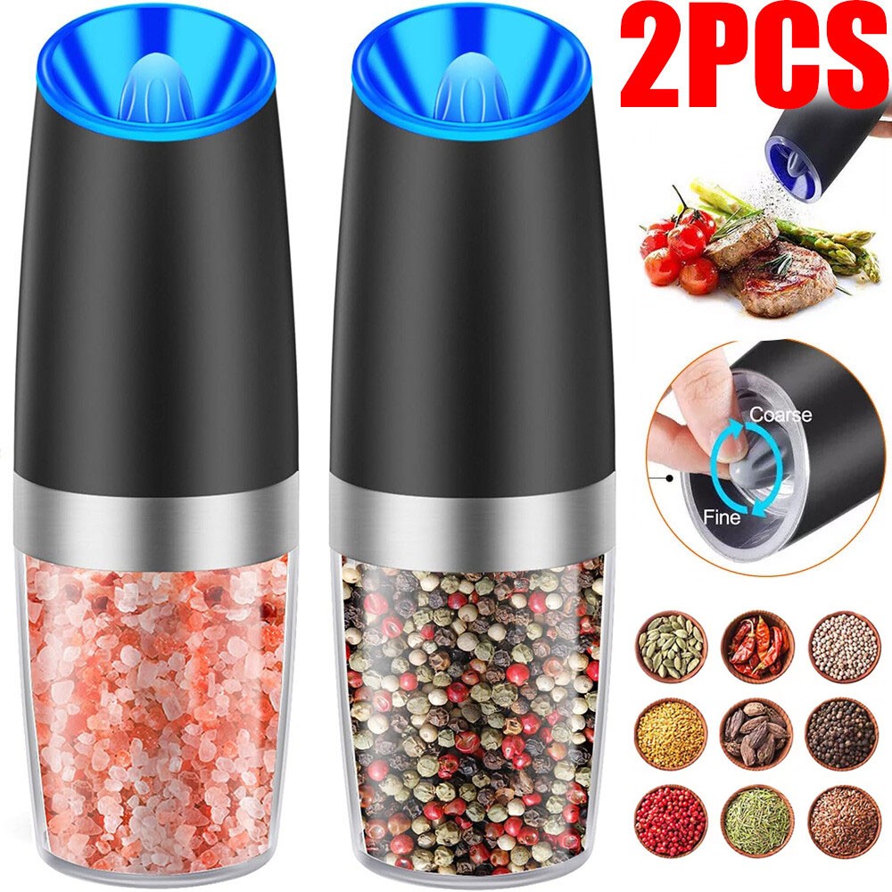 2 Pack Gravity Electric Salt and Pepper Grinder Mill Shaker Adjustable Automatic