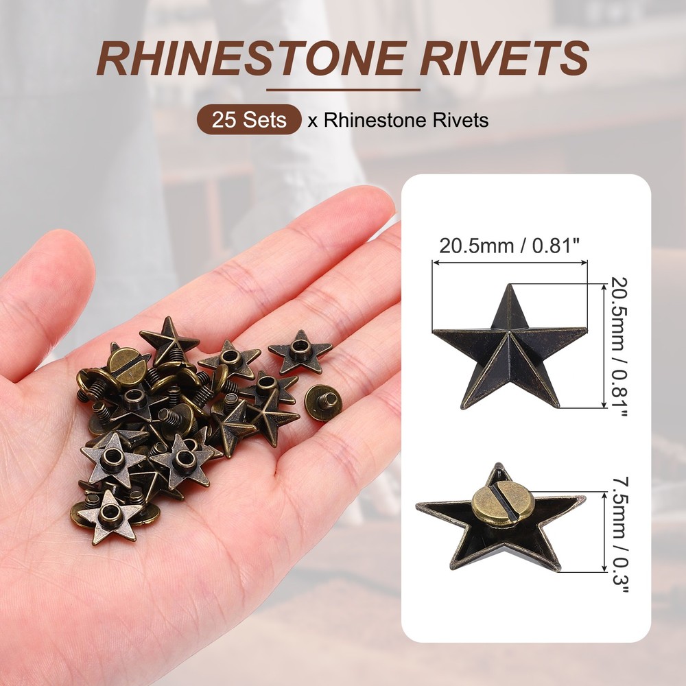 20.5mm Star Rivets, 25 Sets Leather Rivets Rapid Studs Rivet, Bronze Tone