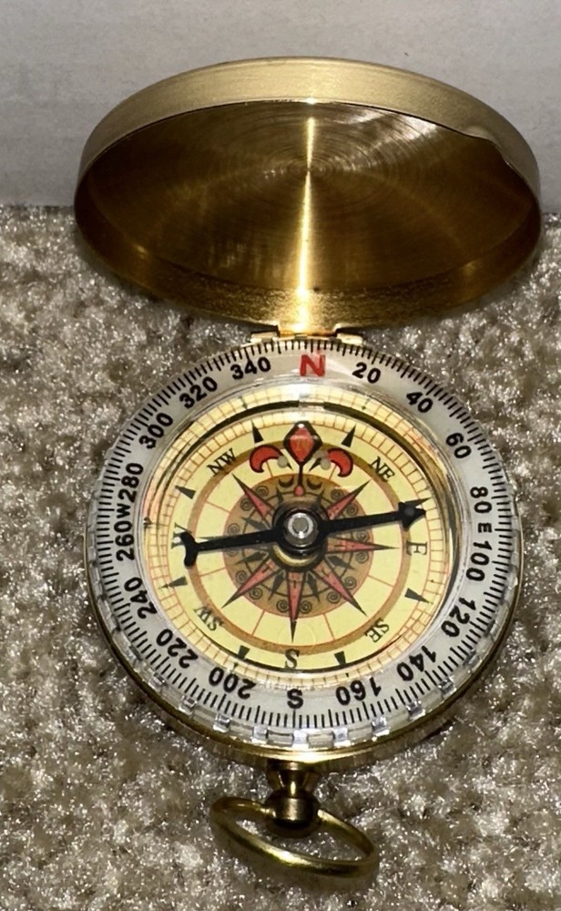 Antique Vintage Compact Portable Push Button Locking Pocket Compass