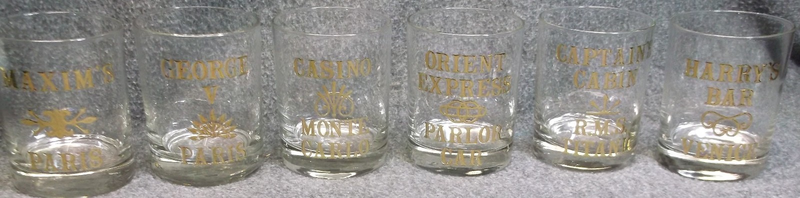 RARE VINTAGE CERA "WORLD FAMOUS BAR COLLECTION" SET OF 6 GLASSES 22K GOLD TRIM