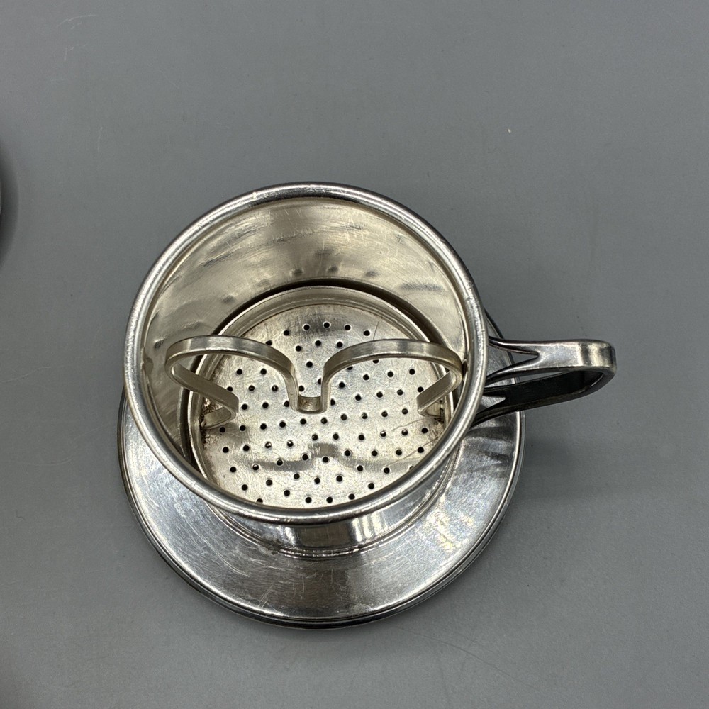 Silver Plate Tea Strainer Press Cup Handle Lid 3pc Marked