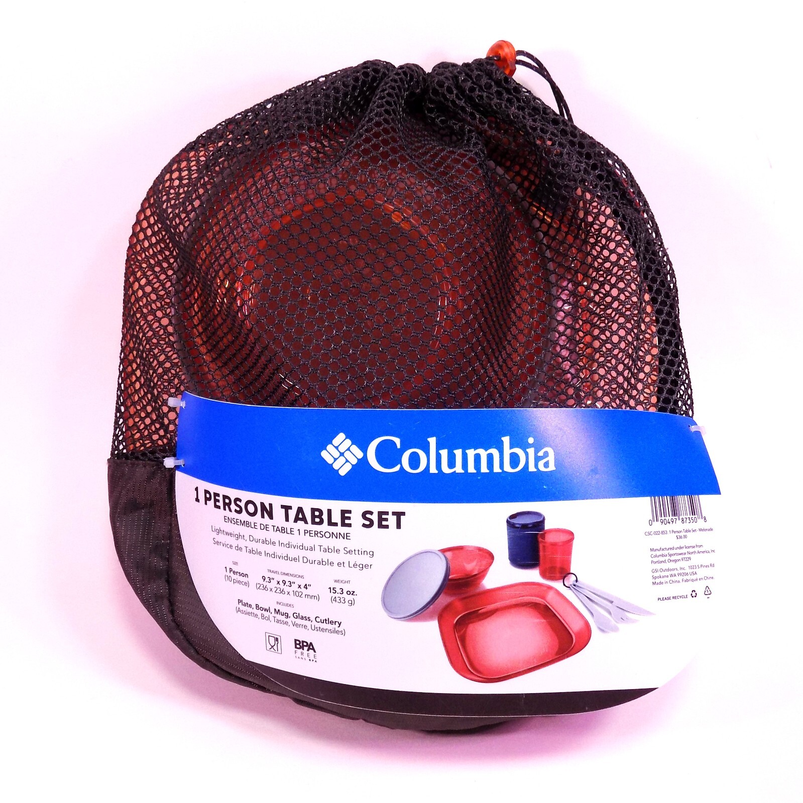 NEW Columbia 1-Person Table Set 10-piece Plate Bowl Mug Glass Cutlery w Bag