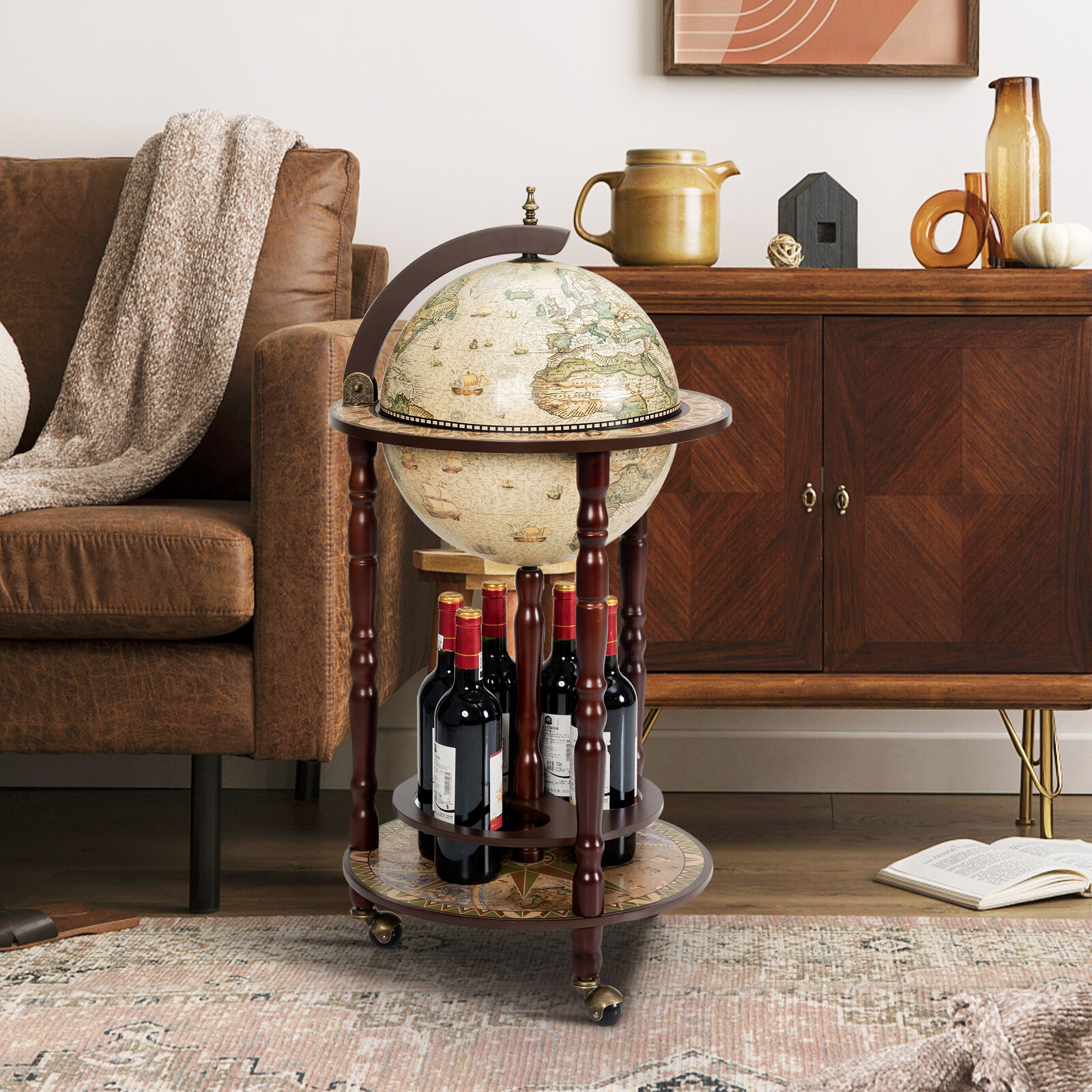 17.5" Wood Globe Wine Bar Stand Liquor Bottle Shelf Cart 16th Century Italian