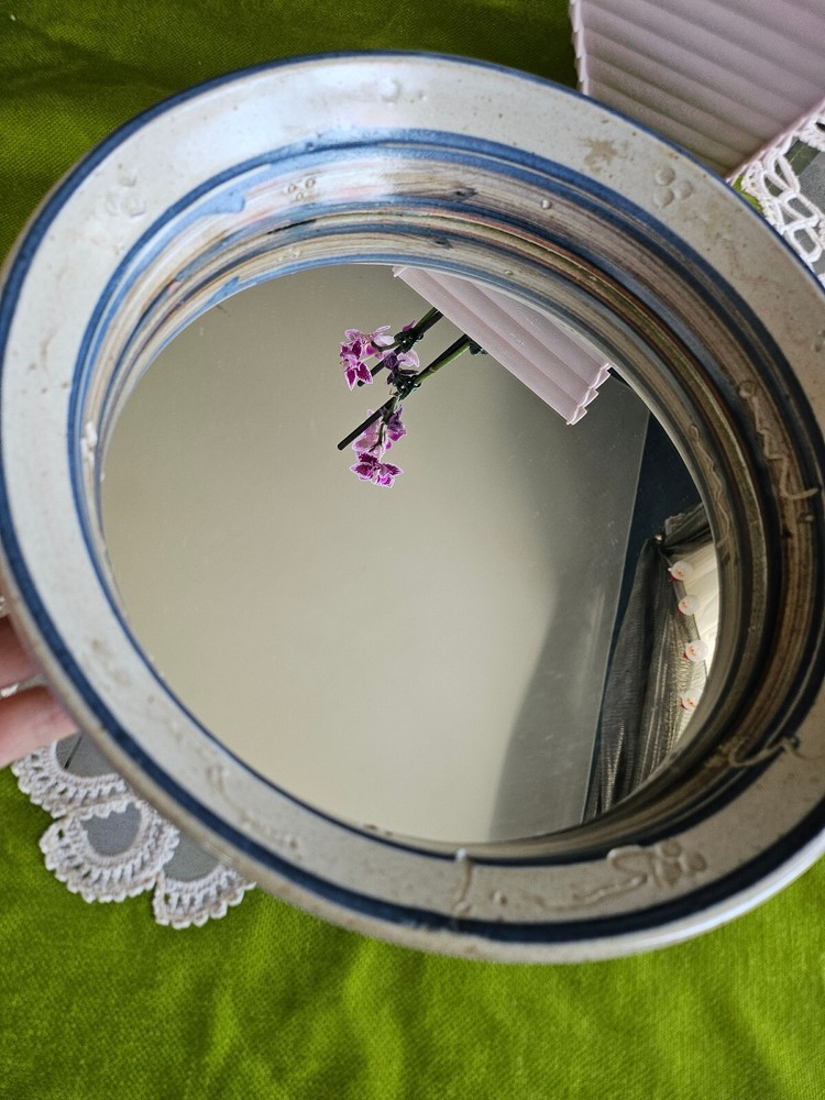 Round Pottery Boho Wall Mirror Tray Rare