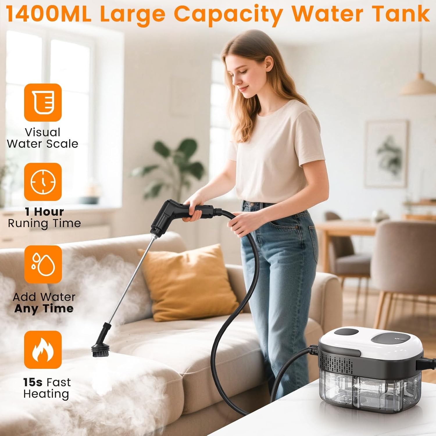 Pressurized Portable Steam Cleaner, 2500W Handheld Steamer Cleaning for Home