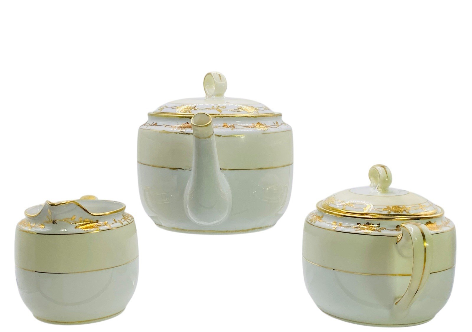 Handpainted Nippon Teapot Lid Creamer Sugar Bowl Lid Beige Gold Gilt Trim Floral