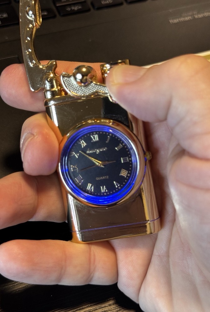 Gold Butane Lighter with Clock Windproof Refillable Empty (No Butane) Retro Gift