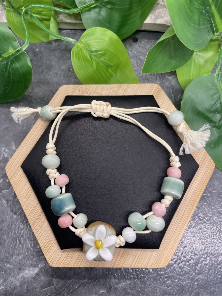 Unisex Ceramic Bead Bracelet Stackable Adjustable Tie 6-8” New Free Ship B201